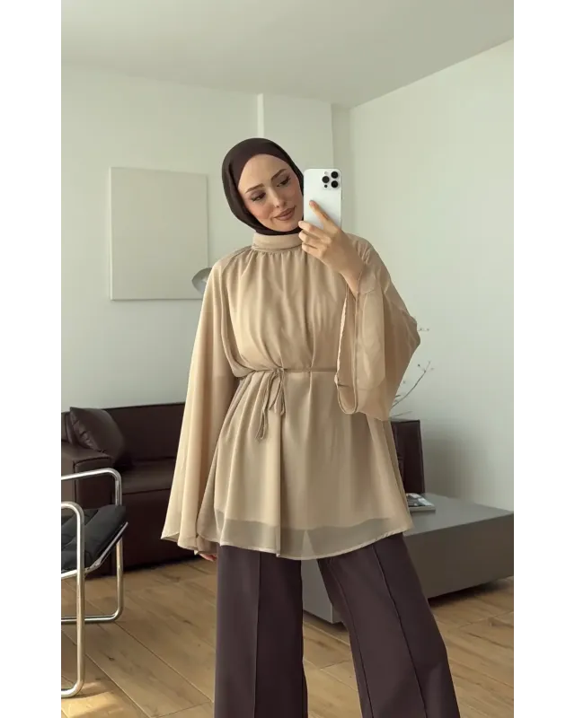Light Brown Flowy Chiffon Blouse with belt