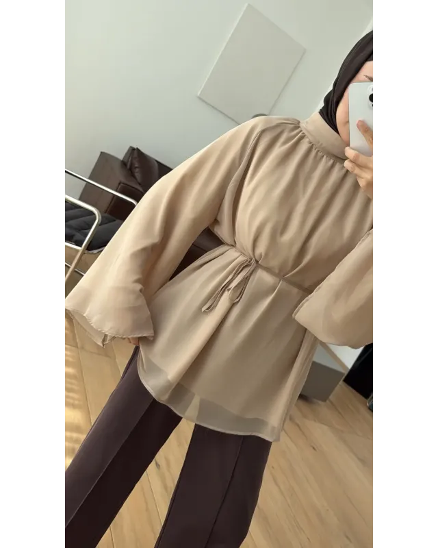 Light Brown Flowy Chiffon Blouse with belt