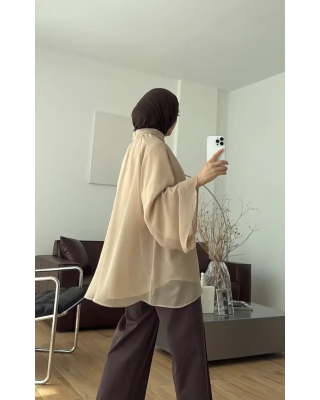 Light Brown Flowy Chiffon Blouse with belt