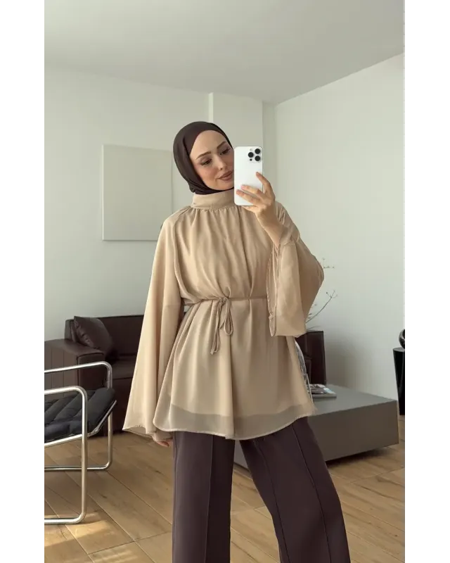 Light Brown Flowy Chiffon Blouse with belt