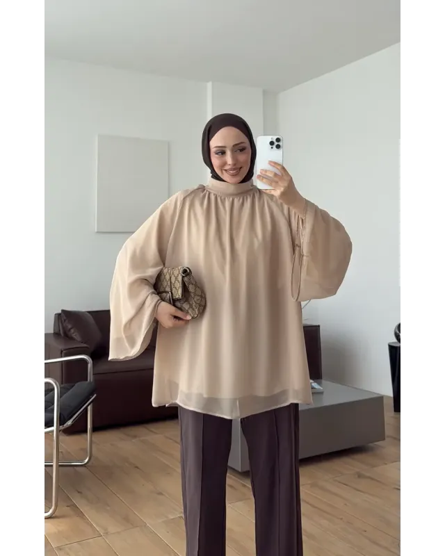 Light Brown Flowy Chiffon Blouse with belt