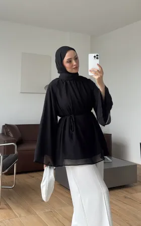 Black Flowy Chiffon Blouse with belt