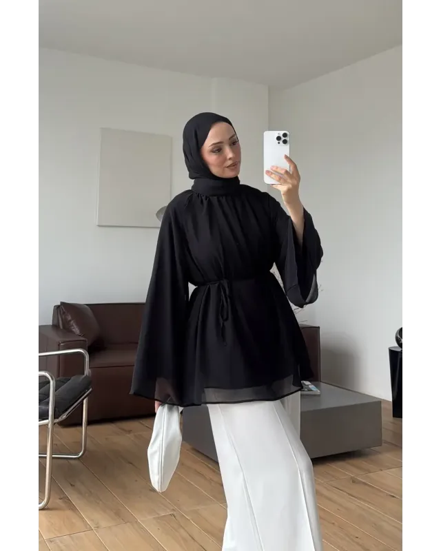 Black Flowy Chiffon Blouse with belt