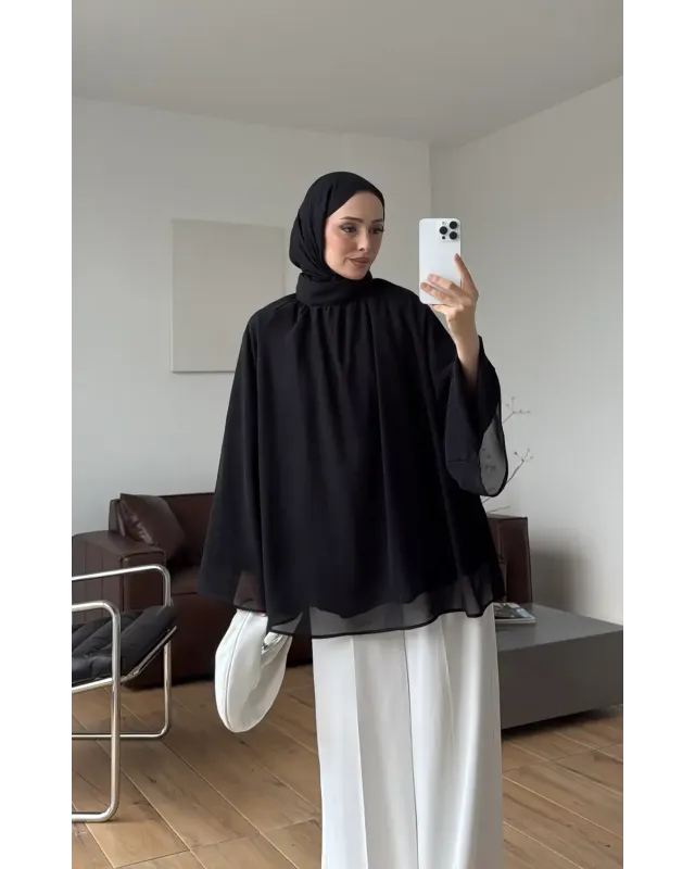 Black Flowy Chiffon Blouse with belt