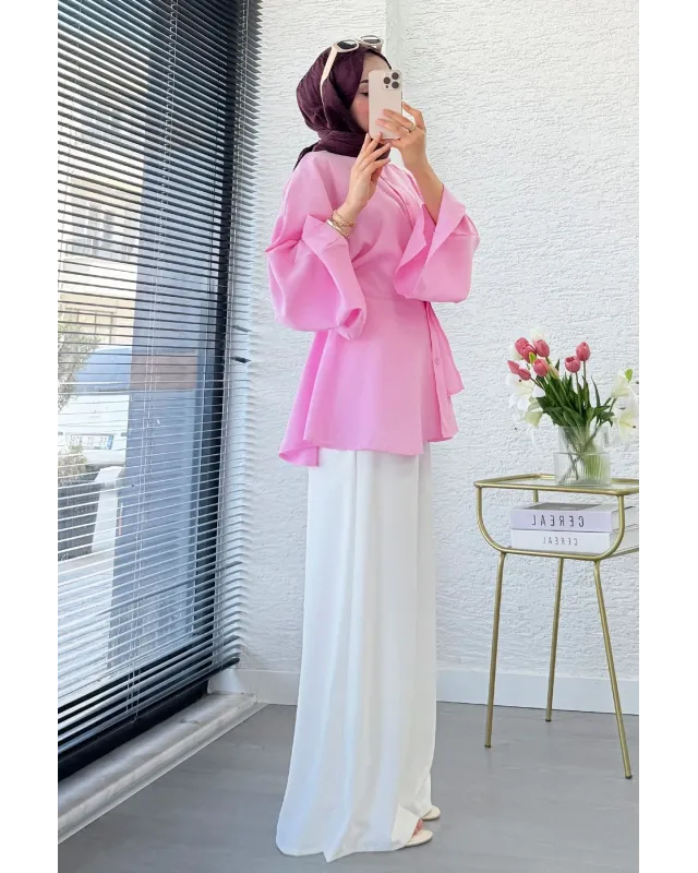 Pink Flowy Sleeve Blouse