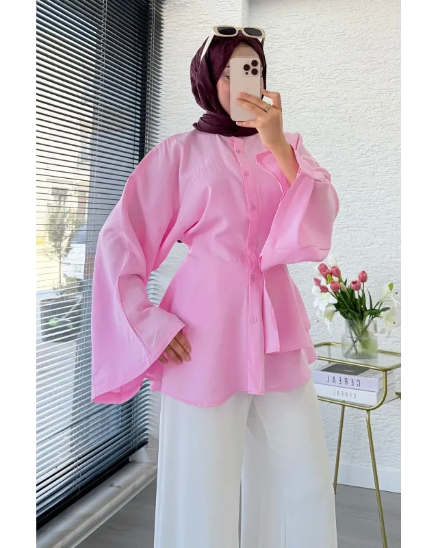 Pink Flowy Sleeve Blouse