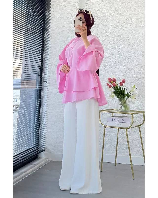 Pink Flowy Sleeve Blouse
