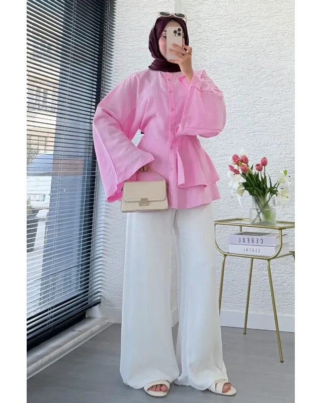 Pink Flowy Sleeve Blouse