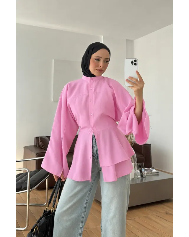 Pink Flowy Sleeve Blouse