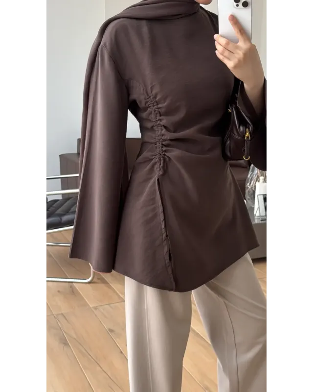 Brown  Blouse with Side Ruched Slit Detail
