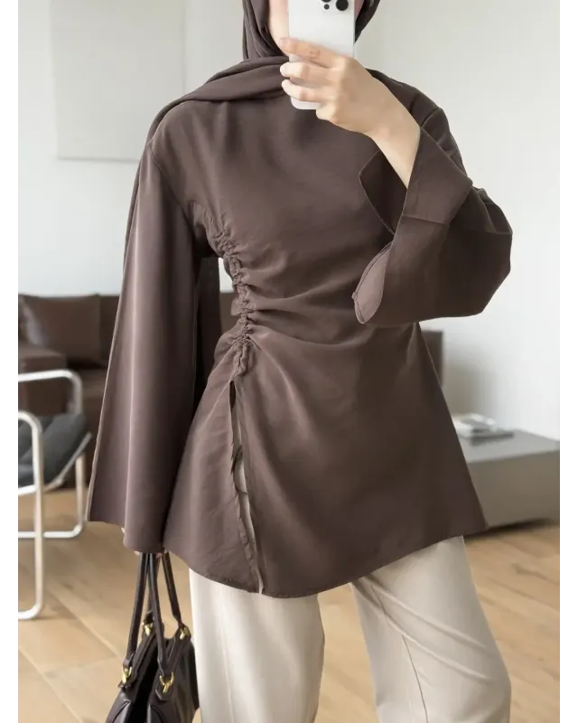 Brown  Blouse with Side Ruched Slit Detail