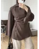 Brown  Blouse with Side Ruched Slit Detail