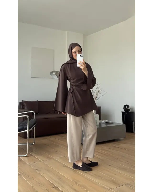 Brown  Blouse with Side Ruched Slit Detail