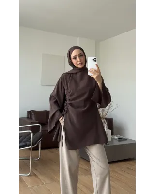 Brown  Blouse with Side Ruched Slit Detail