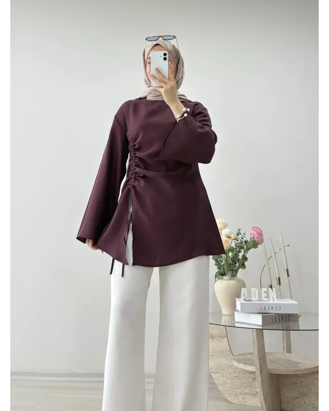 Burgundy Blouse with Side Ruched Slit Detail