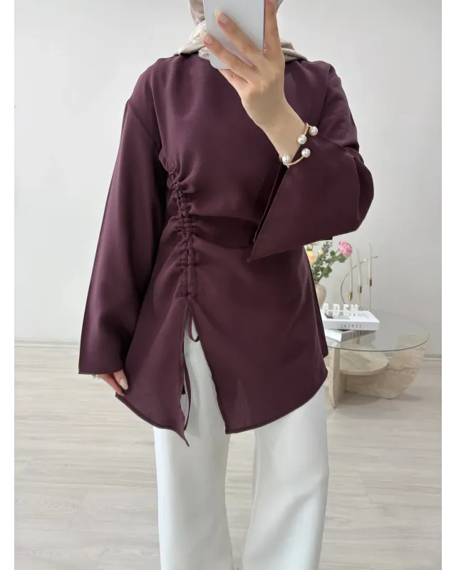 Burgundy Blouse with Side Ruched Slit Detail