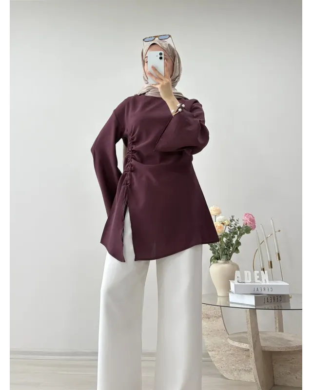 Burgundy Blouse with Side Ruched Slit Detail