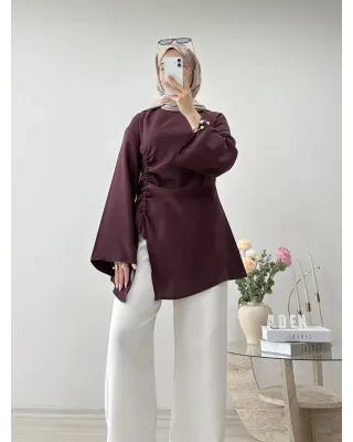 Burgundy Blouse with Side Ruched Slit Detail