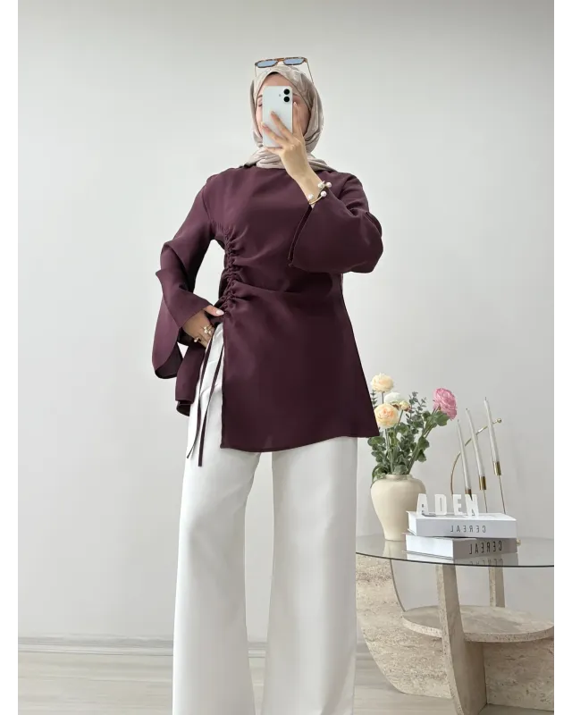 Burgundy Blouse with Side Ruched Slit Detail