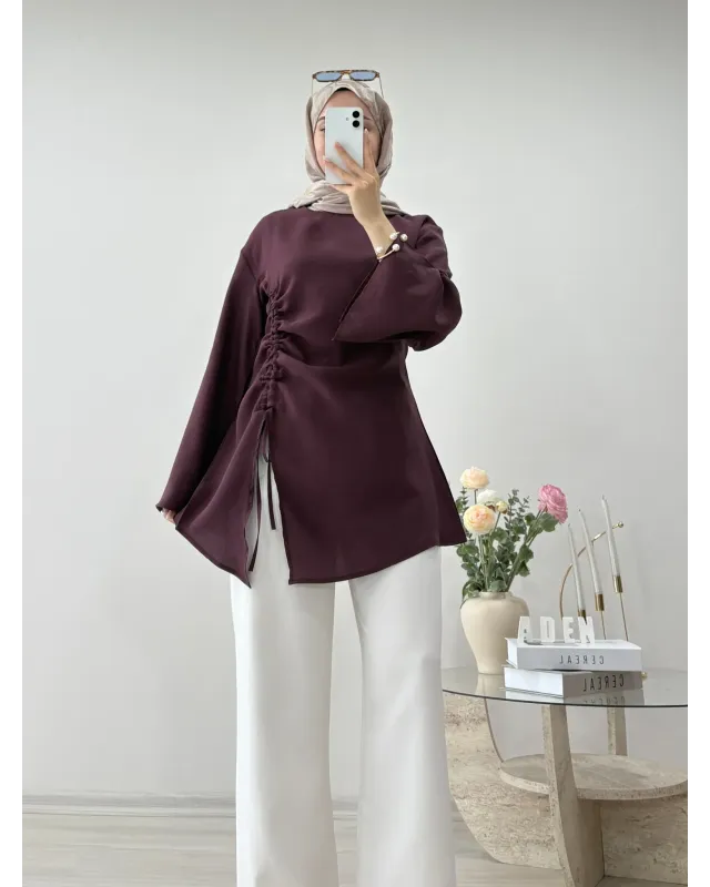 Burgundy Blouse with Side Ruched Slit Detail