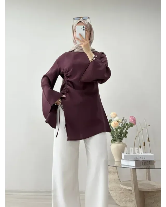 Burgundy Blouse with Side Ruched Slit Detail