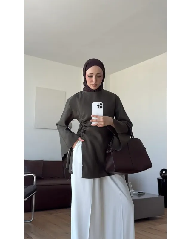 Olive Green Blouse with Side Ruched Slit Detail