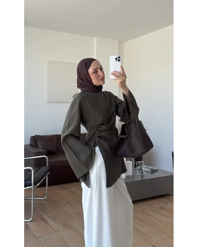 Olive Green Blouse with Side Ruched Slit Detail
