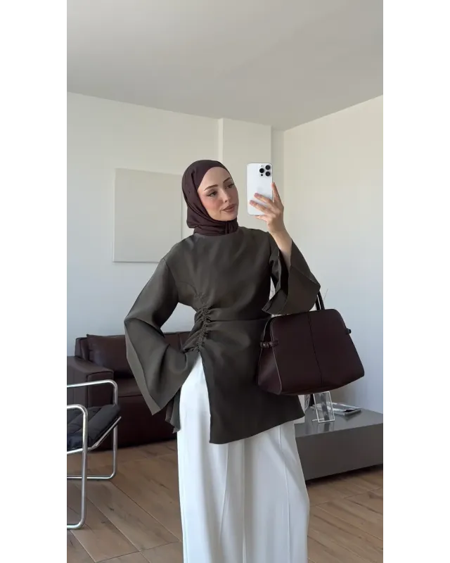 Olive Green Blouse with Side Ruched Slit Detail