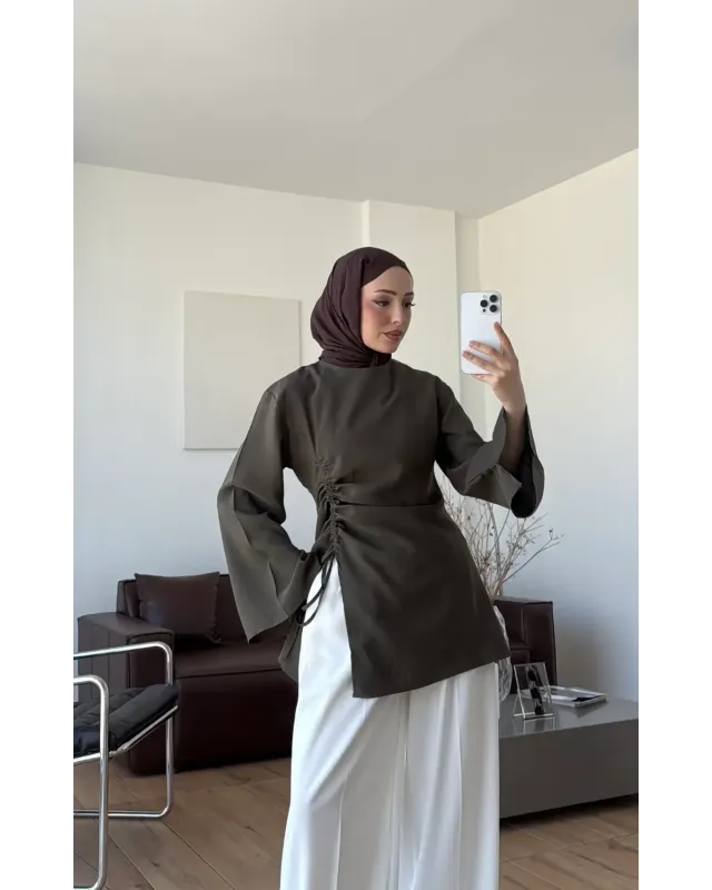 Olive Green Blouse with Side Ruched Slit Detail