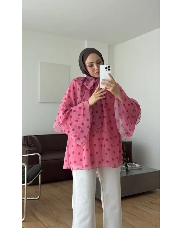 Pink Polka Dot Ruffle Sleeve Shirt