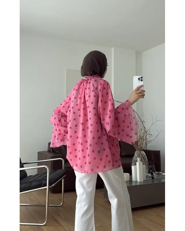 Pink Polka Dot Ruffle Sleeve Shirt