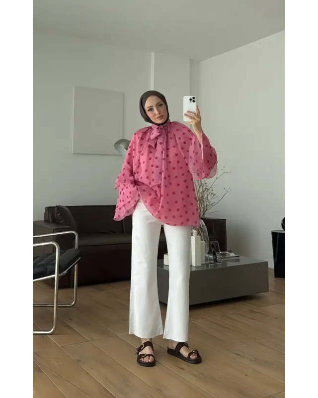 Pink Polka Dot Ruffle Sleeve Shirt