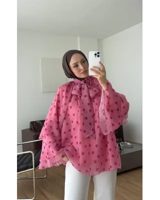 Pink Polka Dot Ruffle Sleeve Shirt