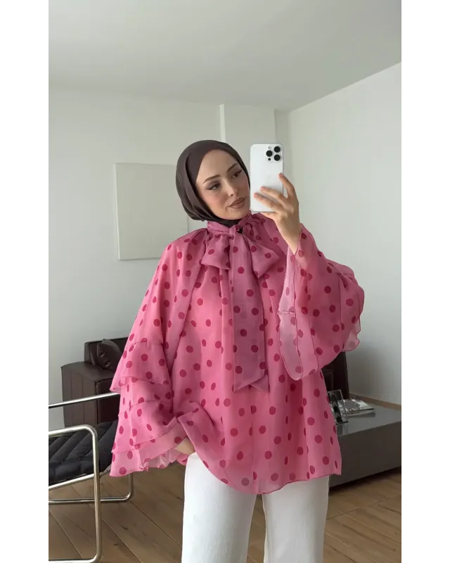 Pink Polka Dot Ruffle Sleeve Shirt