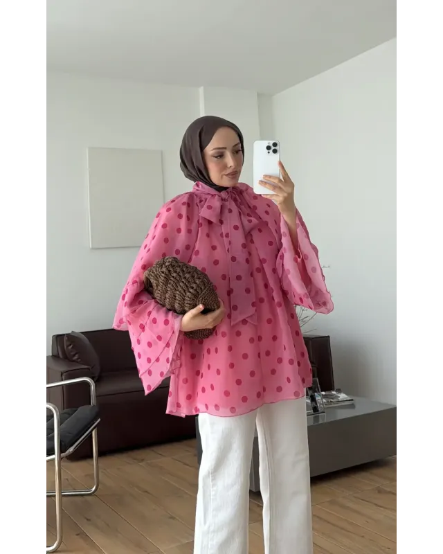 Pink Polka Dot Ruffle Sleeve Shirt