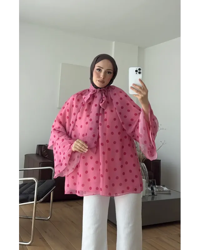 Pink Polka Dot Ruffle Sleeve Shirt