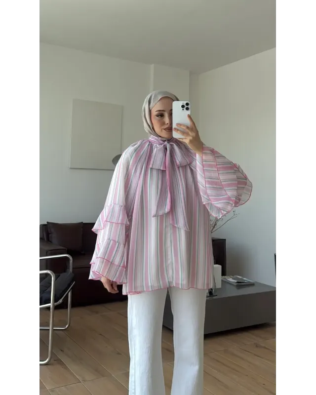 Pink & White Striped Chiffon Blouse