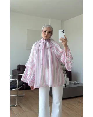 Pink & White Striped Chiffon Blouse