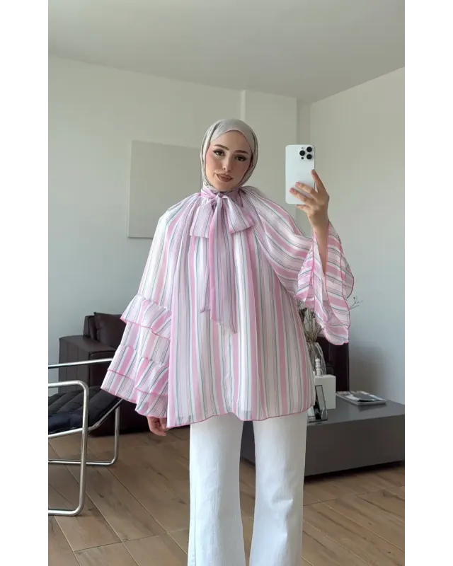 Pink & White Striped Chiffon Blouse