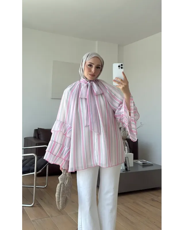 Pink & White Striped Chiffon Blouse