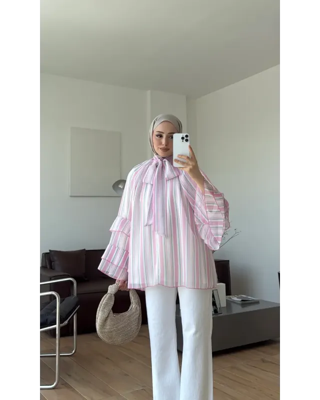 Pink & White Striped Chiffon Blouse