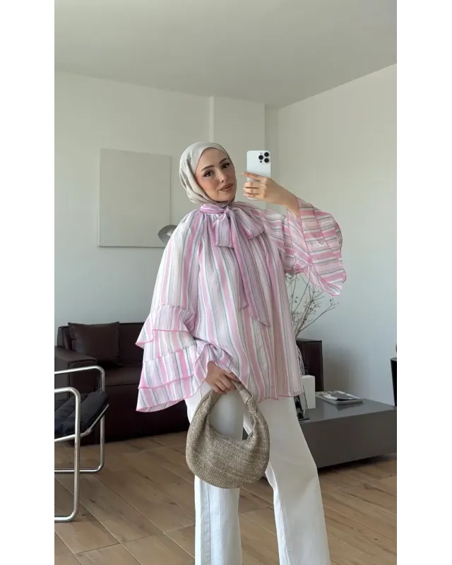 Pink & White Striped Chiffon Blouse