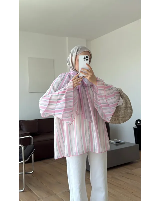 Pink & White Striped Chiffon Blouse