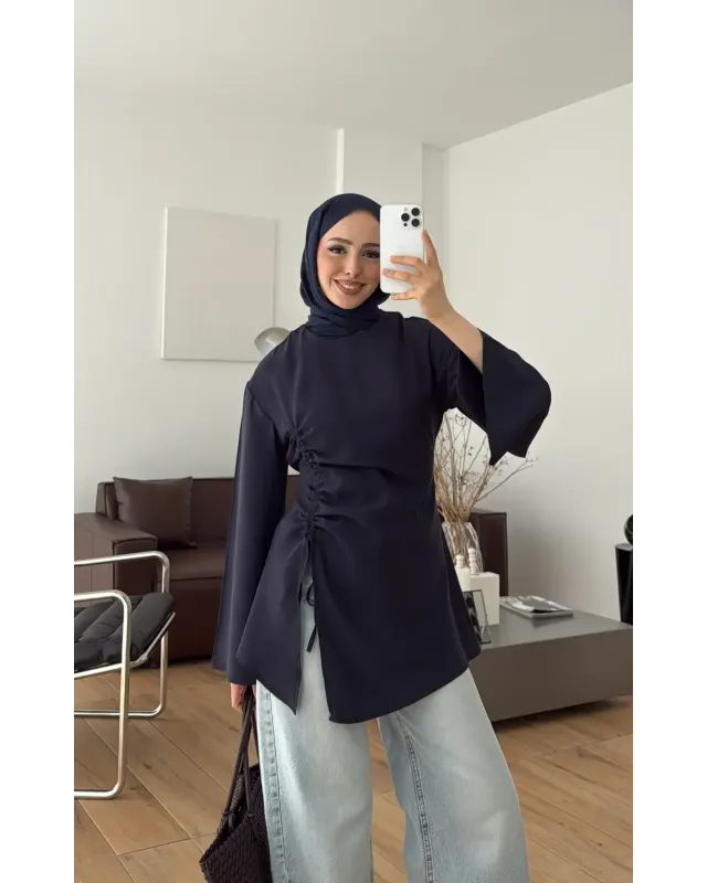 Navy Blue Blouse with Side Ruched Slit Detail