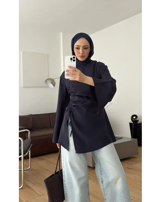 Navy Blue Blouse with Side Ruched Slit Detail