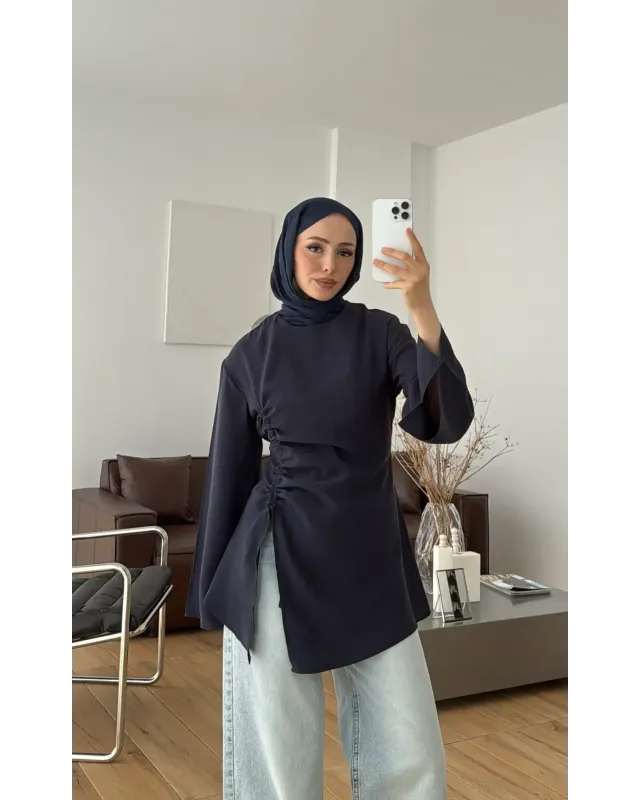 Navy Blue Blouse with Side Ruched Slit Detail