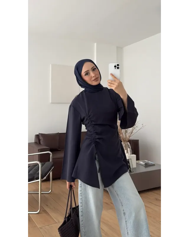 Navy Blue Blouse with Side Ruched Slit Detail