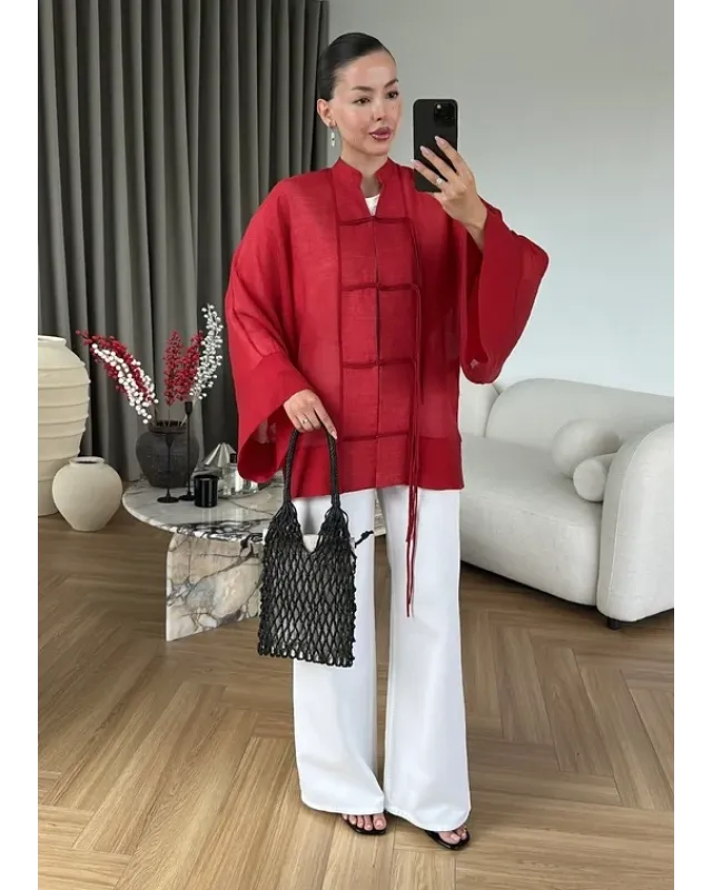 Chinese Button Sheer Shirt – Red