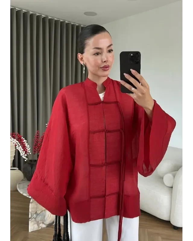Chinese Button Sheer Shirt – Red