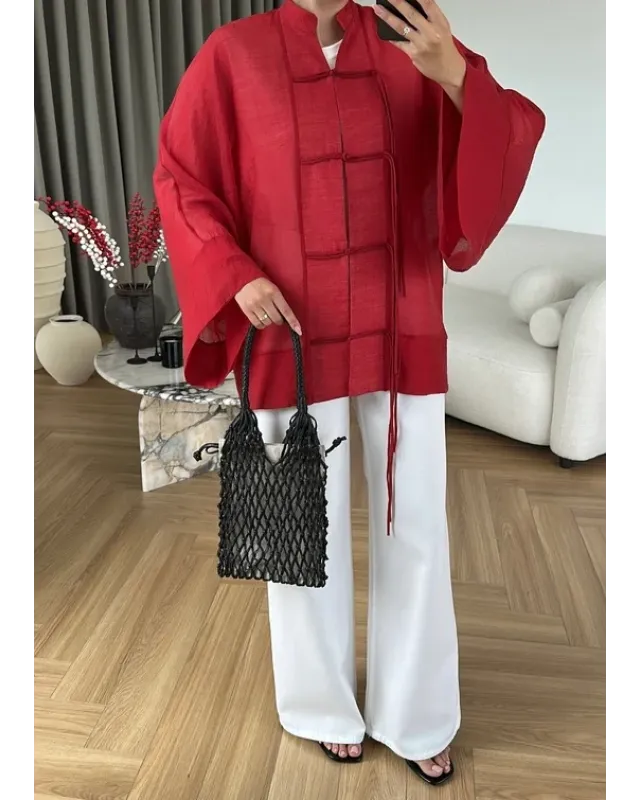 Chinese Button Sheer Shirt – Red